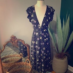 Black floral, polka dot midi dress with deep V